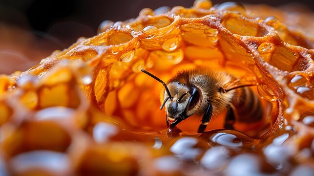 Close up bee with honey comb, macro photography 