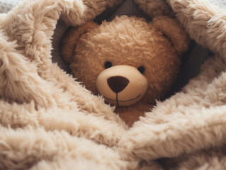A cute teddy bear tightly sungging with a beige soft and warm blanket, capturing the cozy moment up close, warm lighting to evoke a sense of comfort.