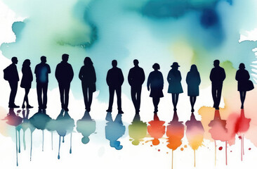 Silhouettes of people standing on a blue blurred background, watercolor drawing. Various people, a large walking crowd - obrazy, fototapety, plakaty