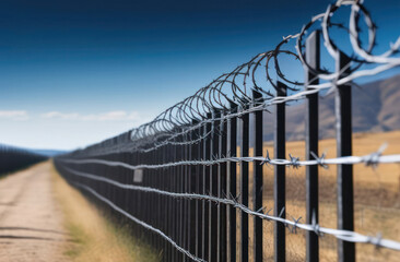 Fototapeta premium A fence with barbed wire in a field, receding perspective. Fencing at a secret facility