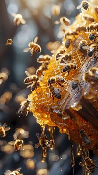Illustration of white, gold, honeycomb, bees, in photographs style