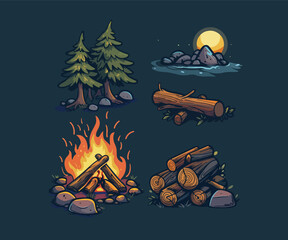 camp fire set illustration logo