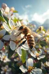 Honey bee on an apple blossom, sunny day, Meadow in the background, photorealistic, for wallpaper poster 
