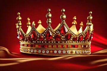 Royal golden crown with jewels on red background