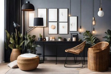 room interior with mock up poster frame, black desk, cozy bed, rattan chair