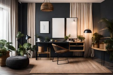 room interior with mock up poster frame, black desk, cozy bed, rattan chair