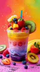Colorful fruit smoothie in rainbow hues, central focus, exuding fun and brightness, against a clean background with realistic HD characters