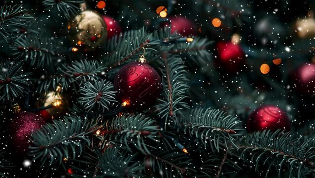 Christmas tree. Looped Christmas snow. Falling snowflakes. Christmas and New Year decoration background. Generative AI.