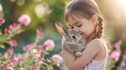 Cute little girl holding a bunny in her arms