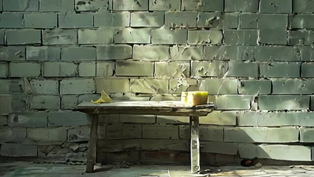 Vintage wooden table with candle on grunge brick wall background.