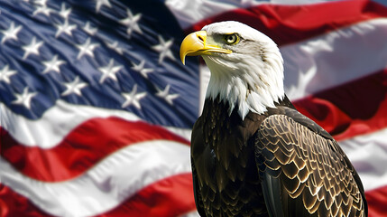 A close-up of an American flag waving in the wind, with details of the flag's stars and stripes, the wind blowing through the flag, and the American eagle perched on top.
