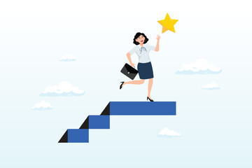 Smart confident businesswoman climb up stair to the top to reaching to grab precious star reward, hope to success in business, accomplishment or reaching business goal, reward and motivation (Vector)