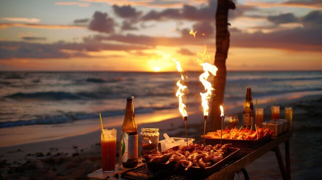 A beach BBQ party at sunset, where a portable grill cooks fresh seafood, including shrimp and fish tacos, 