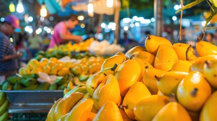 A bustling street food market in Southeast Asia, where a vendor expertly crafts mango sticky rice, 