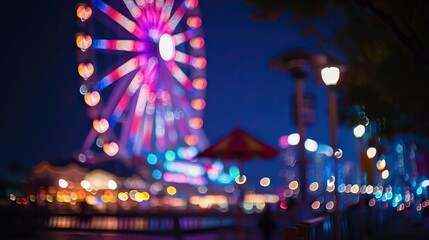 Colorful light ferris wheel at night carnival middle city - obrazy, fototapety, plakaty
