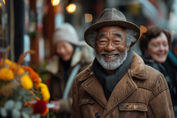 A man with a beard and moustache is walking down the city street, wearing a hat and jacket. He is smiling naturally, enjoying the urban scenery
