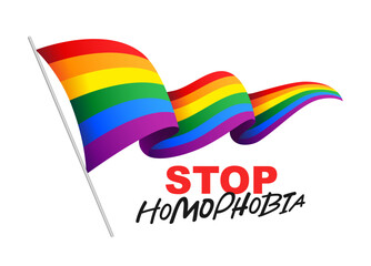 Rainbow striped LGBT flag on the flagpole flutters in the wind. Stop homophobia. International Day against Homophobia
