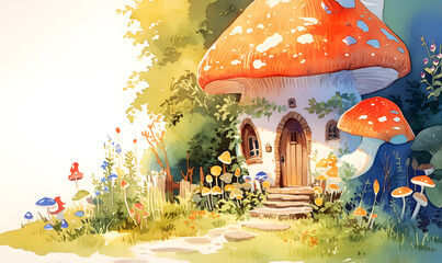 Fototapeta na wymiar Watercolor painting, mushroom-shaped house in the forest, Generative AI 