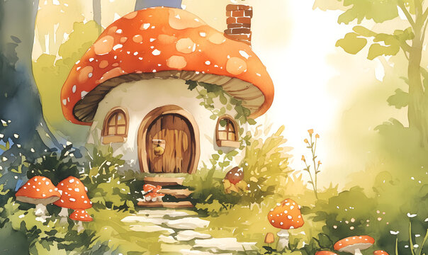 Watercolor painting, mushroom-shaped house in the forest, Generative AI 