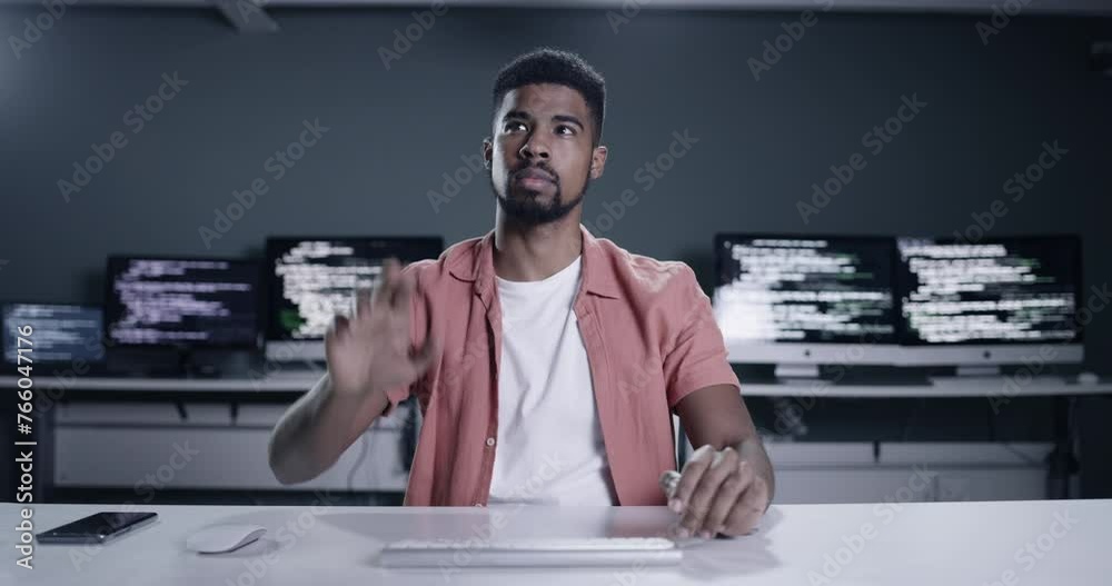 Leinwandbilder Man, virtual reality and screen for programming, coding and software engineering in cybersecurity at night. VR developer or programmer hands with 3d or computer for digital development and metaverse