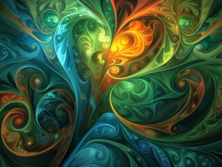 Ornate Abstract Swirls with Lush Green and Golden Hues