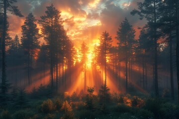 The suns rays filter through the trees in the forest, creating a warm and serene atmosphere in the natural landscape with a clear sky and gentle heat