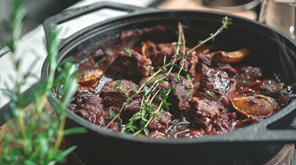 A cozy winter dinner at home, featuring a slow-cooked beef bourguignon simmering in a cast-iron