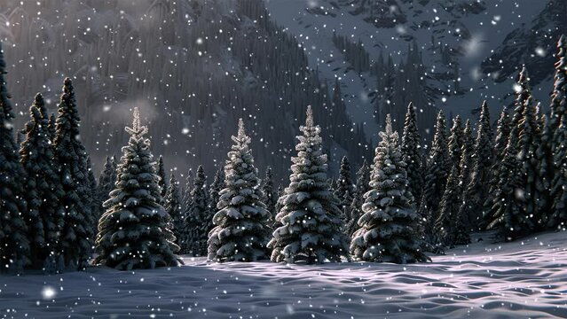 Christmas tree. Looped Christmas snow. Falling snowflakes. Christmas and New Year decoration background. Generative AI.