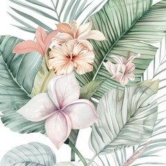 Tropical floral illustration with pastel tones - An illustration featuring tropical flowers and leaves in soft pastel shades set on a white background