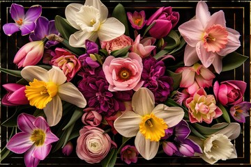 Vibrant top view of diverse floral selection - Overhead shot of a rich mix of flowers tightly arranged in a rectangular box, showcasing diversity