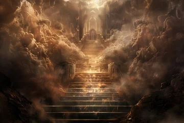Foto op Plexiglas Mystical staircase leading to heavenly gates - This artwork presents a staircase amidst clouds leading to an ethereal archway, suggestive of a spiritual ascent © Tida