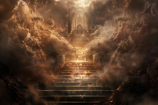 Mystical staircase leading to heavenly gates - This artwork presents a staircase amidst clouds leading to an ethereal archway, suggestive of a spiritual ascent