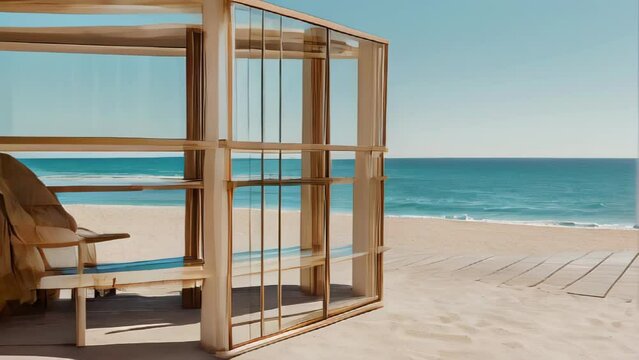 Glass-enclosed shower booth installed on a wooden deck along the coastline.
