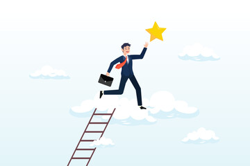 Success businessman climb up ladder up into the cloud to reaching and grab precious star, business champion succeed to get reward, winning star employee, career path or dream job (Vector)