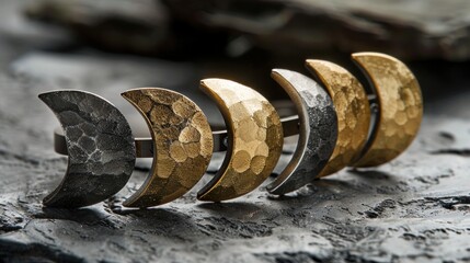 A line of adjustable statement rings that reflect the phases of the moon, crafted in silver and gold, with
