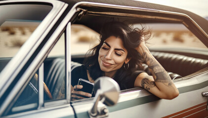 Road Trip themed scene with an Ethnic Latina woman checking her smartphone in a parked classic muscle car out in the desert - 766049557