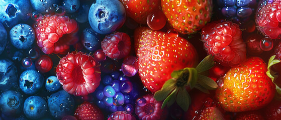 Berry assortment closeup antioxidants and vitamins Stylish in the style of vibrant dot Digital art - obrazy, fototapety, plakaty