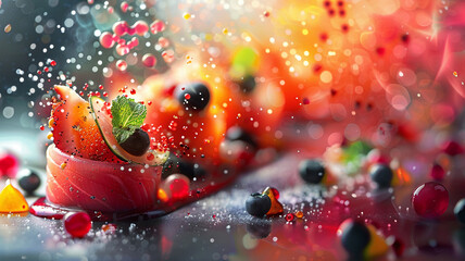 Fine dining dish closeup culinary artistry elegant presentation Stylish in the style of vibrant dot Digital art