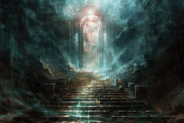 Eerie blue staircase with ethereal glow - A haunting image with a staircase leading to a glowing portal amidst a mystical blue mist, suggesting an unknown passage - obrazy, fototapety, plakaty