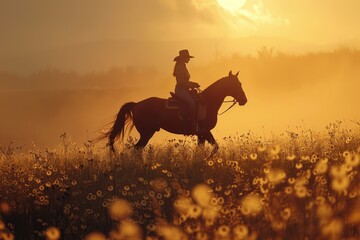 Cowboy riding horse in sunset golden field - Silhouette of a lone cowboy riding his horse through a field of flowers during a vibrant sunset