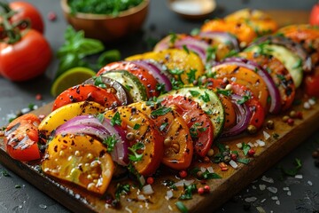 Colorful sliced vegetable dish with herbs - A lusciously presented dish of sliced mixed vegetables, expertly seasoned, embodying a feast for the senses