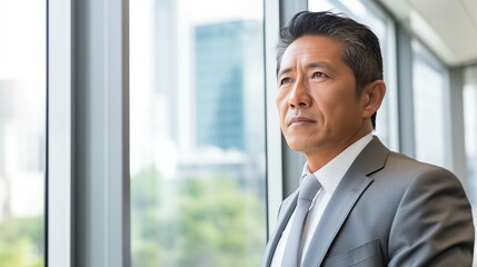 mature optimistic asian businessman executive CEO in corporate modern office thinking contemplating and looking out window skyscraper cityscape daytime 