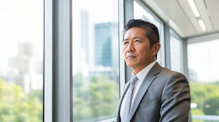 mature optimistic asian businessman executive CEO in corporate modern office thinking contemplating and looking out window skyscraper cityscape daytime with room for text - obrazy, fototapety, plakaty