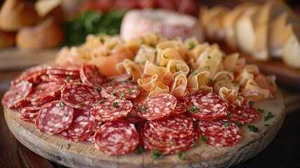 Obraz premium Salami and cheese platter with garnish - Tastefully arranged platter of sliced salami, cheese rolls, garnished with fresh herbs, epitomizing crafted presentation