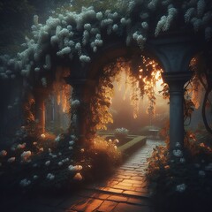 Mysterious archway in the forest and jasmine flowers 