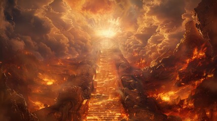 Fiery climb toward a celestial opening - A dramatic composition with a staircase ascending towards a bright celestial opening among fiery clouds - obrazy, fototapety, plakaty