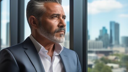 mature optimistic Latino Hispanic businessman executive CEO in corporate modern office thinking contemplating and looking out window skyscraper cityscape daytime - obrazy, fototapety, plakaty