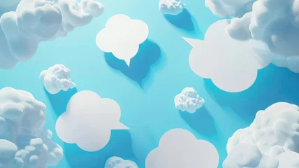Schilderijen op glas Cloud speech bubbles on blue background - A creative illustration of conversation bubbles among fluffy white clouds against a clear blue backdrop signifying communication © Tida