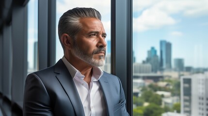 mature optimistic Latino Hispanic businessman executive CEO in corporate modern office thinking contemplating and looking out window skyscraper cityscape daytime with room for text - obrazy, fototapety, plakaty