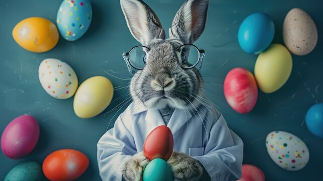 Easter bunny with colorful eggs on dark backdrop - A whimsical Easter bunny in a lab coat holding a red egg, surrounded by a variety of colorful eggs